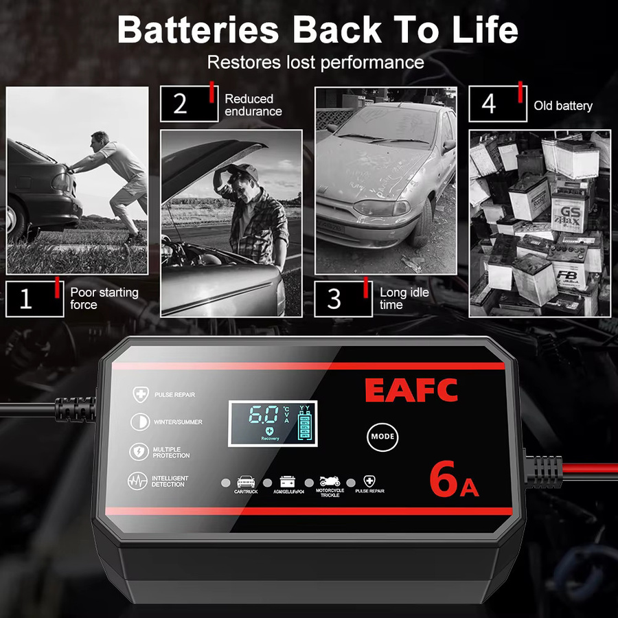 EAFC Tragbares Smart Batterieladegerät für Lithium LiFePO4 und Blei-Säure-Batterien, 12V, Schwarz - Bild 4