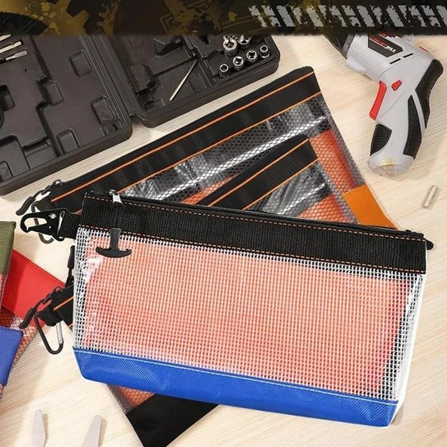 Robuste, transparente Werkzeugtasche mit Reißverschluss und Netzfenster in Orange, B/T/H: 30,0 x 24,5 x 17,0 cm - Bild 1