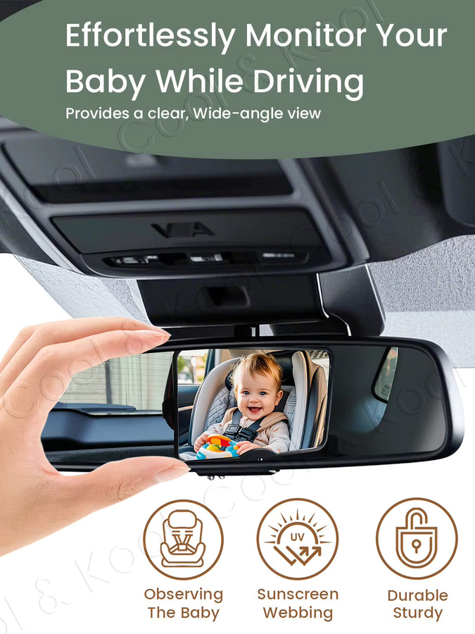 Kisslanding Babyautospiegel in Grau und Schwarz, extra groß und bruchsicher mit UV-blockierendem Gurtband für maximale Sicherheit - Bild 6