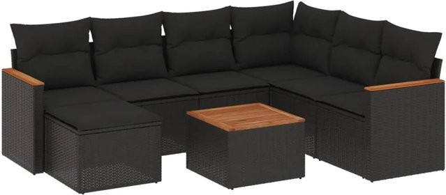 vidaXL 8-tlg Garten-Sofagarnitur in L-Form aus Poly-Rattan und Akazienholz mit Kissen in Schwarz - Bild 1