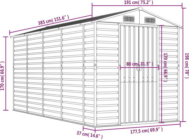 vidaXL Gartenhaus aus verzinktem Stahl in Anthrazit mit Schrägdach, B/T/H: 191 x 385 x 198 cm - Bild 4