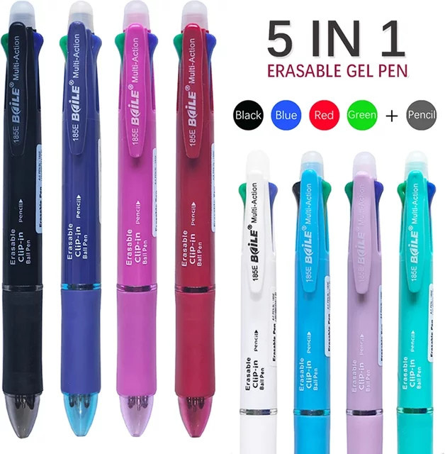 MROOFUL 5-in-1 löschbarer Gelstift Set mit 0,7 mm Minen in Blau, Schwarz, Rot und Grün sowie 0,5 mm Druckbleistift für Schreiben und Malen - Bild 1
