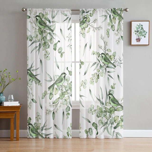 Transparenter Voile-Fenstervorhang mit floralem Aquarell-Design von A Family Of Home Textiles in Grün und Weiß, Breite: 135 cm, Höhe: 114 cm - Bild 1