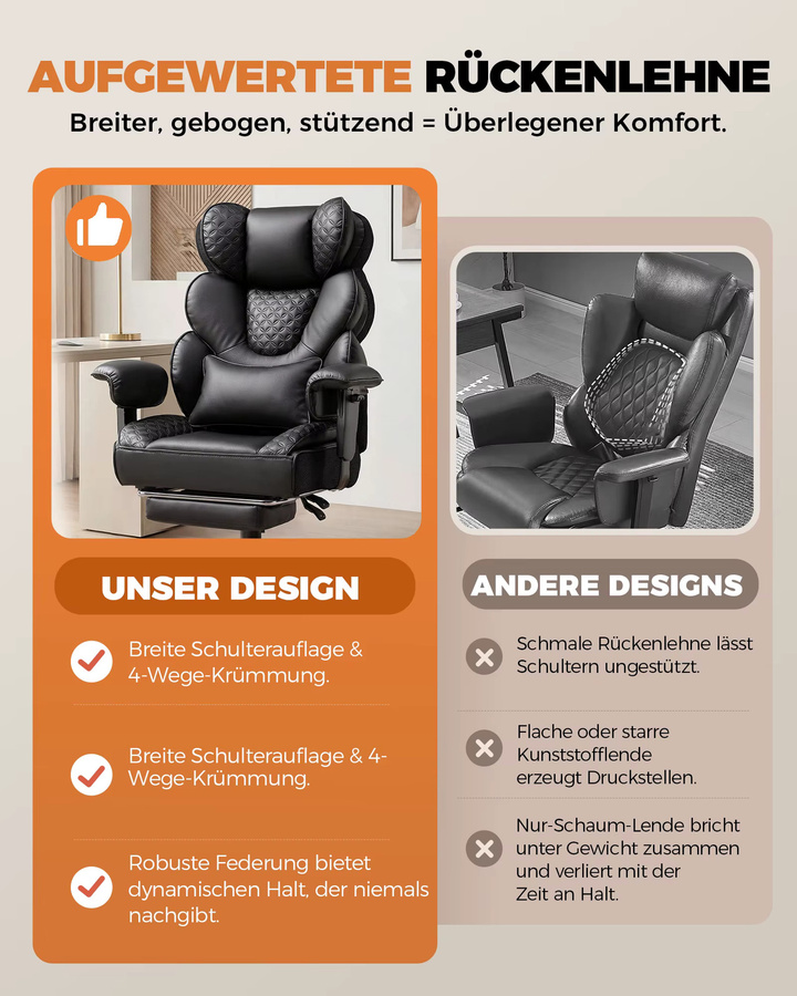 COMHOMA Ergonomischer Gaming Stuhl in Schwarz mit verstellbarer Lendenstütze, Fußstütze und Kopfstütze, Hybrid-Design als hoher Chefsessel für Home Office und Gaming, belastbar bis 180 kg - Bild 6