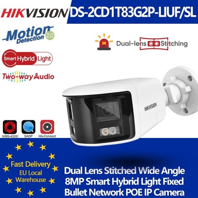 Hikvision DS-2CD1T83G2P-LIUF/SL 8MP Bullet-IP-Kamera mit Doppellinse, 180° Weitwinkel, Hybrid-Technologie, Bildspleißen, Zwei-Wege-Audio und IP-Wasserschutz in Weiß - Bild 1