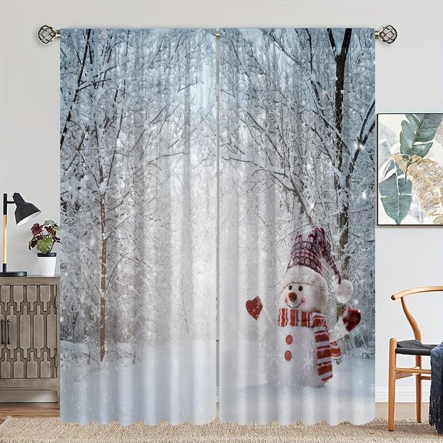 2er-Set Weihnachts-Schneevorhang mit Schneemann und Weihnachtsbaum Motiv, 3D-Druck, halbtransparent, Mehrfarbig, Breite: 50 cm, Höhe: 50 cm - Bild 1