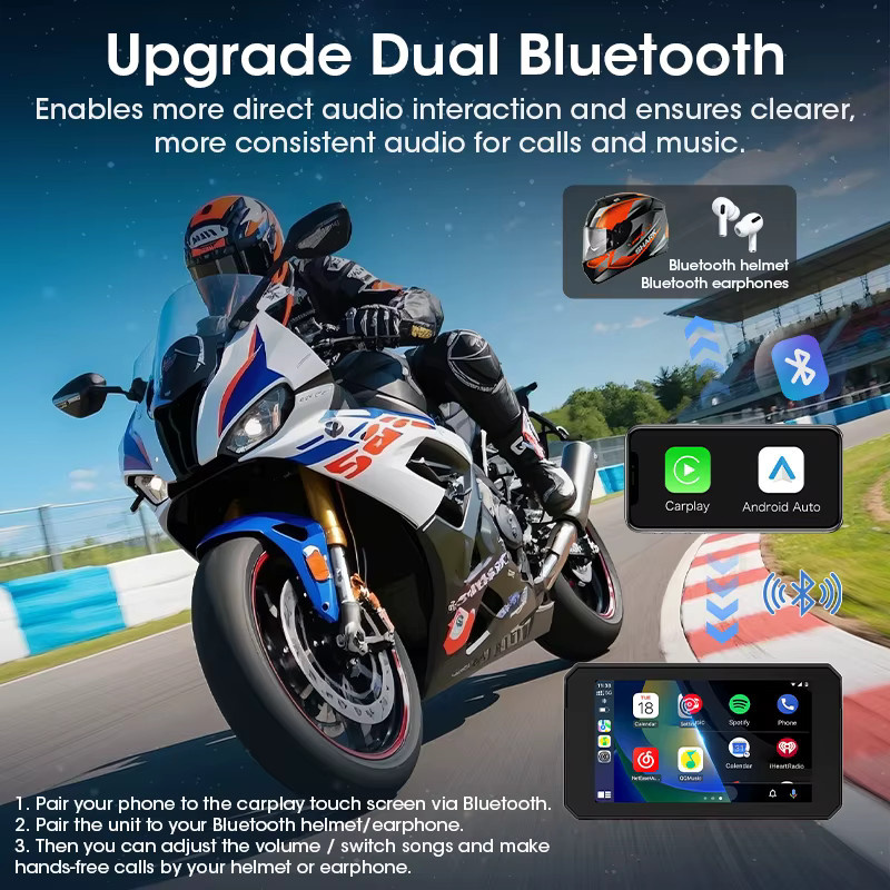 srnubi Tragbares 5-Zoll Motorrad-Navigationsgerät mit GPS, kabellosem CarPlay und Android Auto, Bluetooth, Moto-Monitor, TPMS-Unterstützung und IPX7 wasserdichtem Display in Schwarz - Bild 3