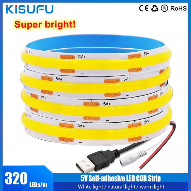 KISUFU COB LED Streifen Flexibles Klebeband mit 320 LEDs/m für TV Hintergrundbeleuchtung DC5V USB 8mm Breite in Weiß - Bild 1