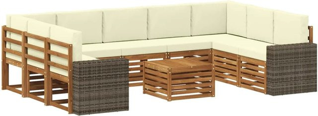 vidaXL Sofagarnitur aus Massivholz Akazie in L-Form, 10-teiliges Set in Natur und Beige mit wetterfesten Polstern und Armlehnen - Bild 1