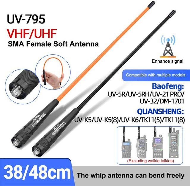 HUXUAN Dual Band Soft Antenne AR-795 mit SMA-F Anschluss für UV-5R UV-82 BF-888S Walkie Talkie, VHF/UHF 136-174MHz/400-520MHz, Schwarz - Bild 1
