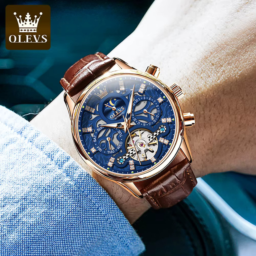 OLEVS Armbanduhr Automatik, Mondphase, Blau, Edelstahl, Leder, Herren - Bild 4
