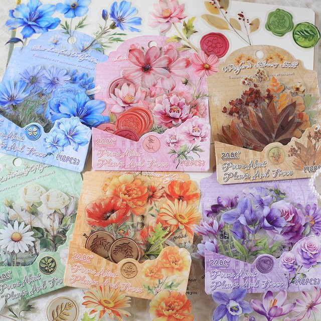 Journamm 40 Stück PET-Aufkleber mit Blumen und Blättern in Multicolour für Scrapbook und DIY-Projekte - Bild 1