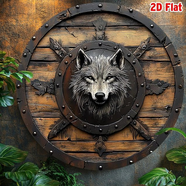 CIFBUY Wikinger Aluminium-Schild mit Nordischem Wolf-Motiv in Braun, Rundes Metall-Wanddekor - Bild 1