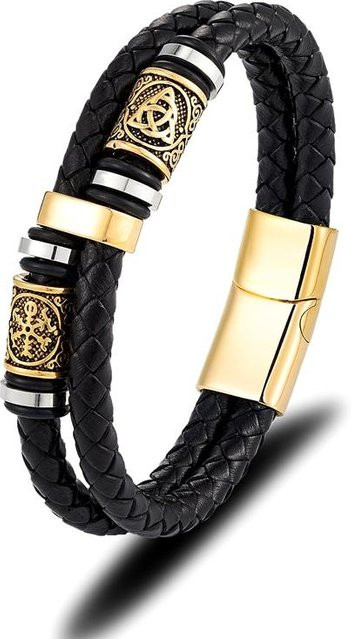 Armband Wikinger Kompass Runen Amulett, Edelstahl, Leder, Gold, Herren, 19cm - Bild 1