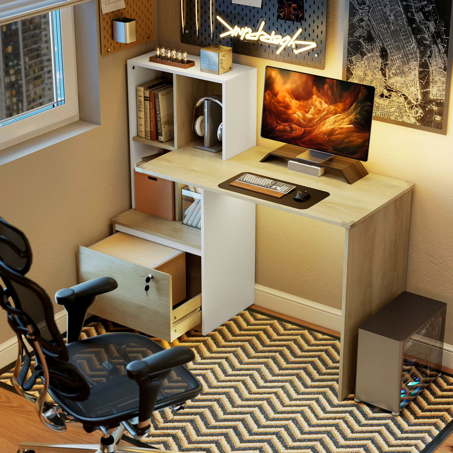Svintora Computertisch in Weiß und Braun mit Bücherregal und abschließbarem Aufbewahrungsschrank, moderner Schreibtisch aus MDF-Laminat mit mattem Finish - Bild 3