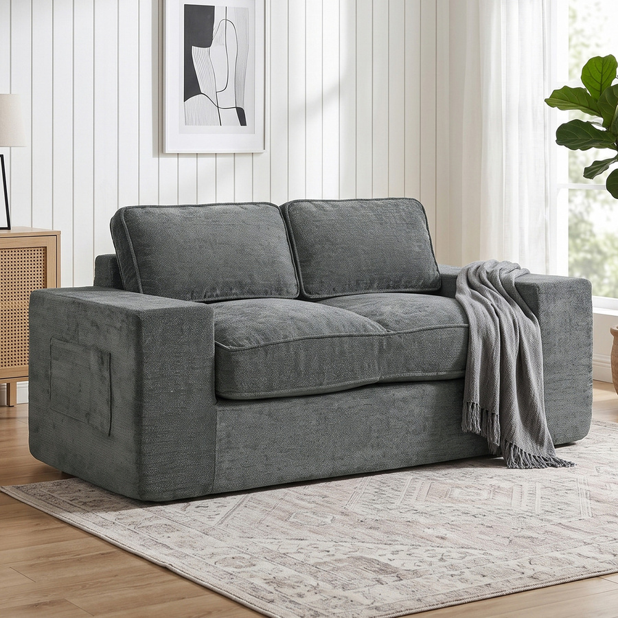 Aosom 2-Sitzer Sofa mit Chenillebezug in Grau, modernes Wohnzimmer-Sofa mit 2 Kissen und Seitentaschen, Breite: 156 cm - Bild 2
