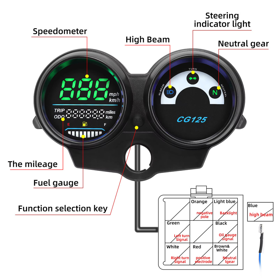ZMFJH Motorrad LED Tachometer Wasserdichtes Dashboard mit Kilometerzähler, RPM Gauge und Kraftstoffanzeige in Schwarz für CG125 und Fan 125 Titan 125 - Bild 3
