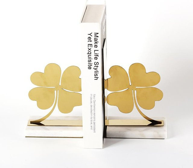 Luxus-Buchstütze aus Metallmarmor in Beige und Gold mit Kleeblatt-Design, Dekorationsornament für das Arbeitszimmer oder Hotel, B/H/T: 19,0 x 8,5 x 2,0 cm - Bild 1