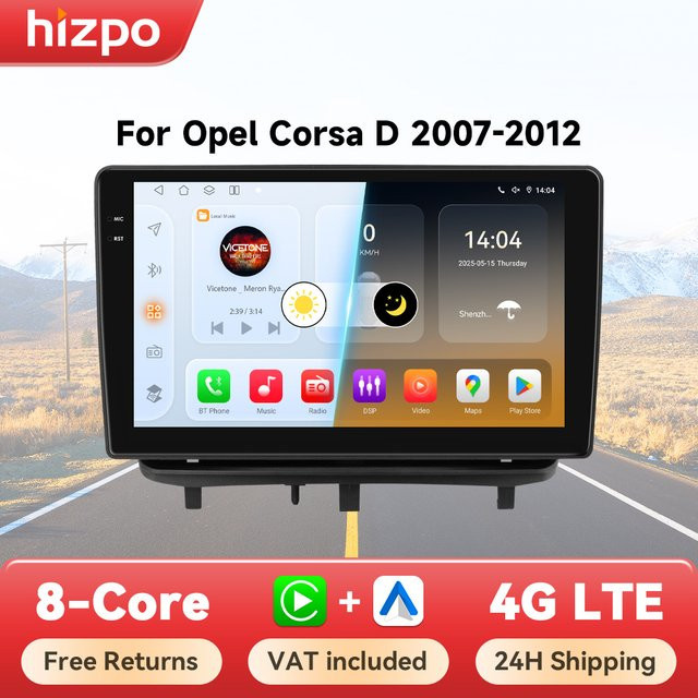 Hizpo Android 14 Multimedia-Player für Opel Corsa D 2007-2012, 2 Din Auto Radio mit Octa Core Prozessor, 8 GB RAM, 128 GB Speicher, GPS, WiFi und 4G, Schwarz - Bild 1