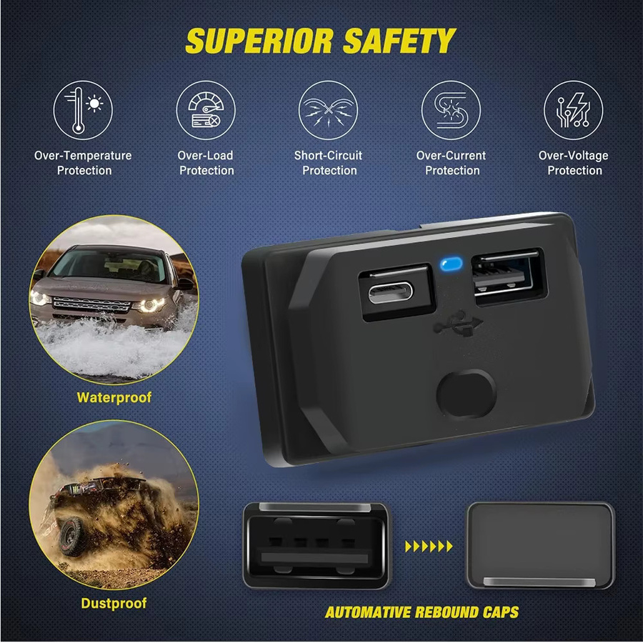 kebidumei Dual USB Auto Ladegerät mit USB-C 30W und Dual QC 3.0 20W Ports, 50W Schnellladegerät für 12V-24V Bus, RV und Lkw, Schwarz - Bild 2