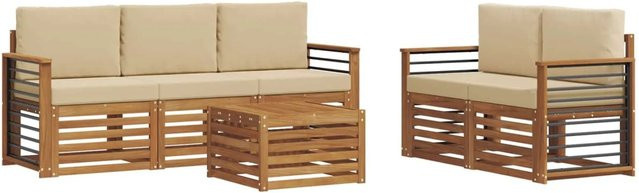 vidaXL Sofagarnitur 6-teilig aus Massivholz Akazie in Natur und Beige mit Tisch und Polstern - Bild 1