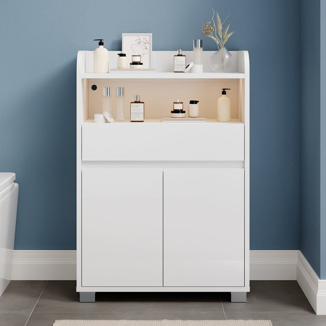 SONNI Badezimmer-Beistelltisch mit Touch-LED, 1 Schublade, 2 Türen und ausziehbarem Einlegeboden, Weiß, B/T/H: 56 x 30 x 82 cm - Bild 1