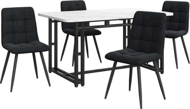Merax Essgruppe 5-teilig mit Esstisch und 4 Samtstühlen in Schwarz und Weiß, B/T: 140 x 80 cm - Bild 1