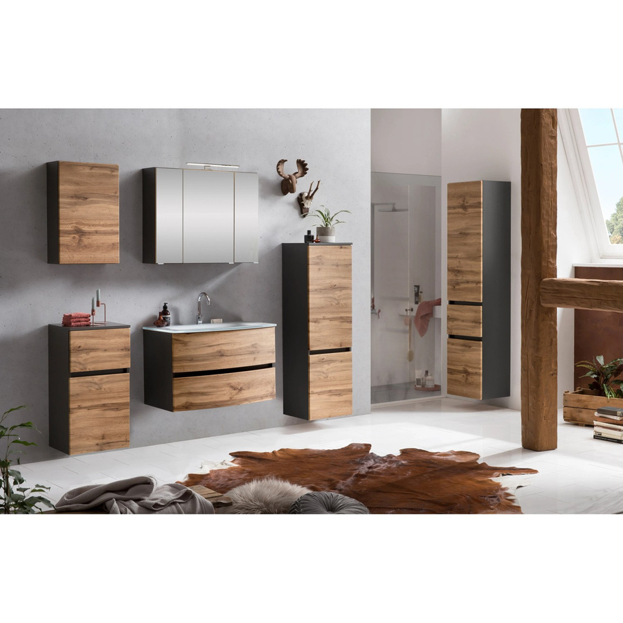 Held Möbel Waschtisch-Set Salerno 2-tlg. in Wotaneiche-Graphitgrau mit Glasbecken und Spiegelschrank, Breite: 80 cm - Bild 2