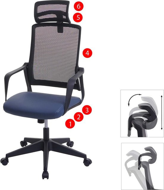 Ergonomischer Bürostuhl MCW J52 mit Kopfstütze und Armlehnen aus Kunstleder, Blau-Grau, B/T/H: 66 x 64 x 128 cm - Bild 1