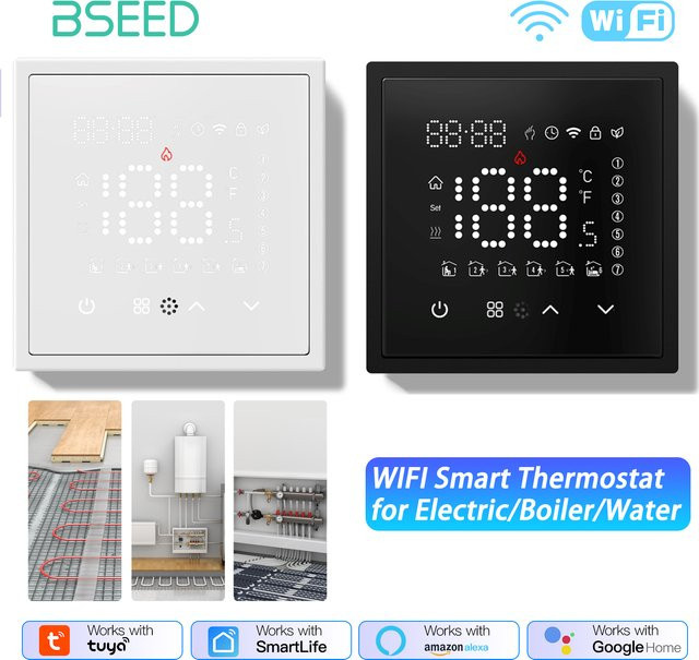 BSEED Smart WIFI Elektrischer Temperaturregler für Bodenheizung mit App-Steuerung und Alexa sowie Google Home Integration, Kunststoffrahmen, Schwarz oder Weiß - Bild 1