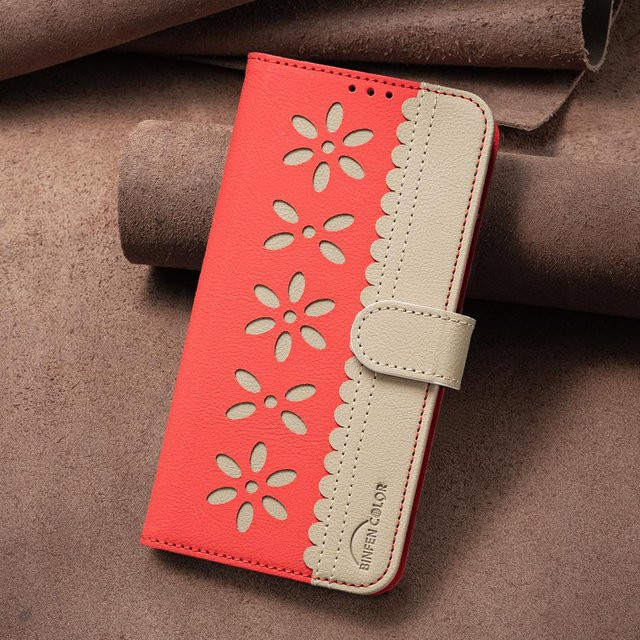 Leder-Brieftaschenhülle mit Blumenmuster für Samsung Galaxy A34 5G in Rot mit RFID-Blockierung - Bild 1