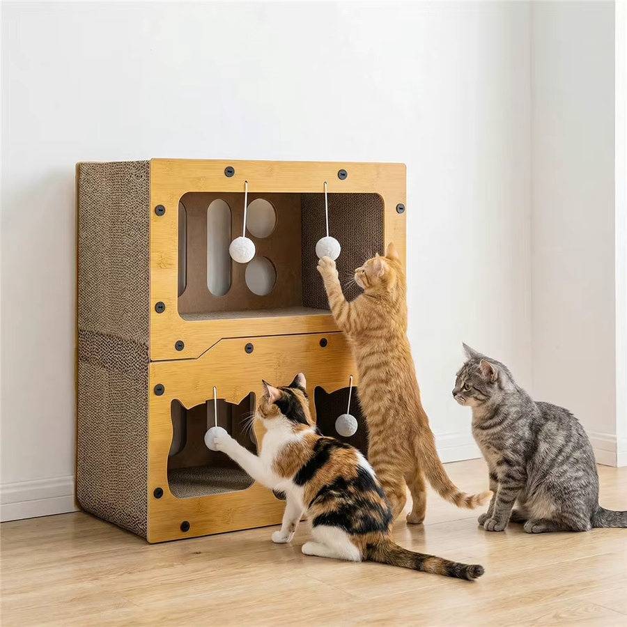 HGTUGO Katzenhaus in Braun mit Kratzbrett für Rückzug und Spielmöglichkeiten - Bild 3