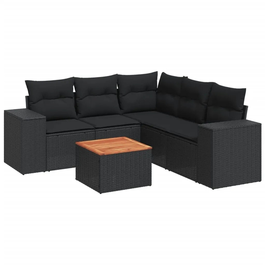 vidaXL 6-tlg Garten-Sofagarnitur in L-Form aus Polyrattan und Akazienholz mit Kissen, Schwarz - Bild 2
