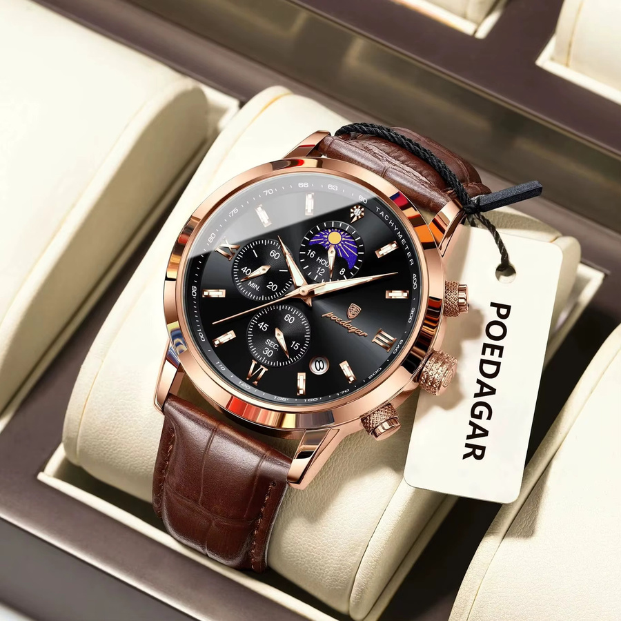 POEDAGAR Armbanduhr Chronograph, Quarz, Leder, Schwarz, Roségold, Herren - Bild 2