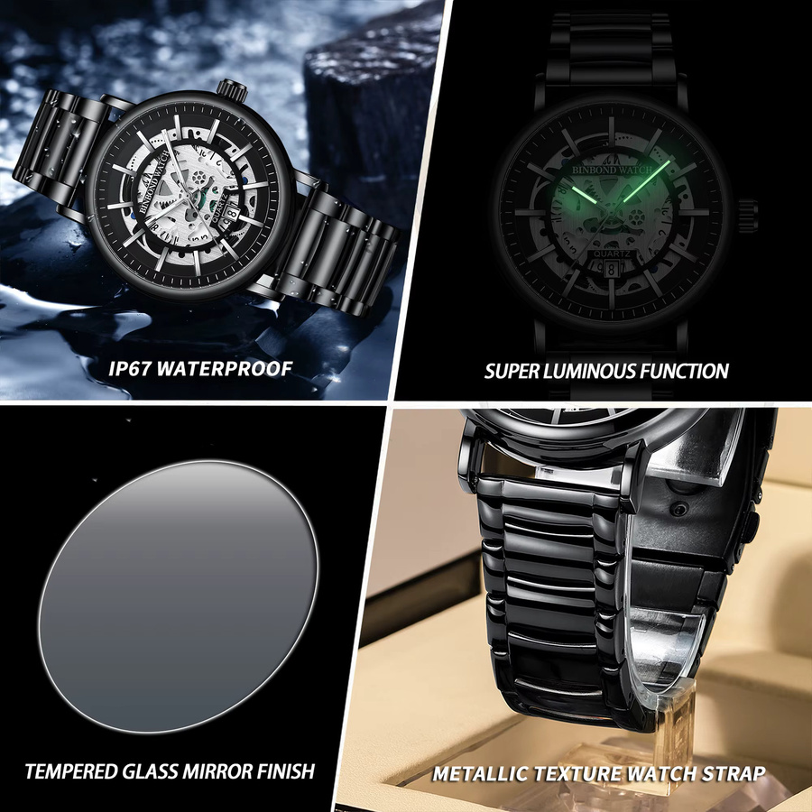BINBOND Armbanduhr, Quarz, Edelstahl, Schwarz, Herren - Bild 6