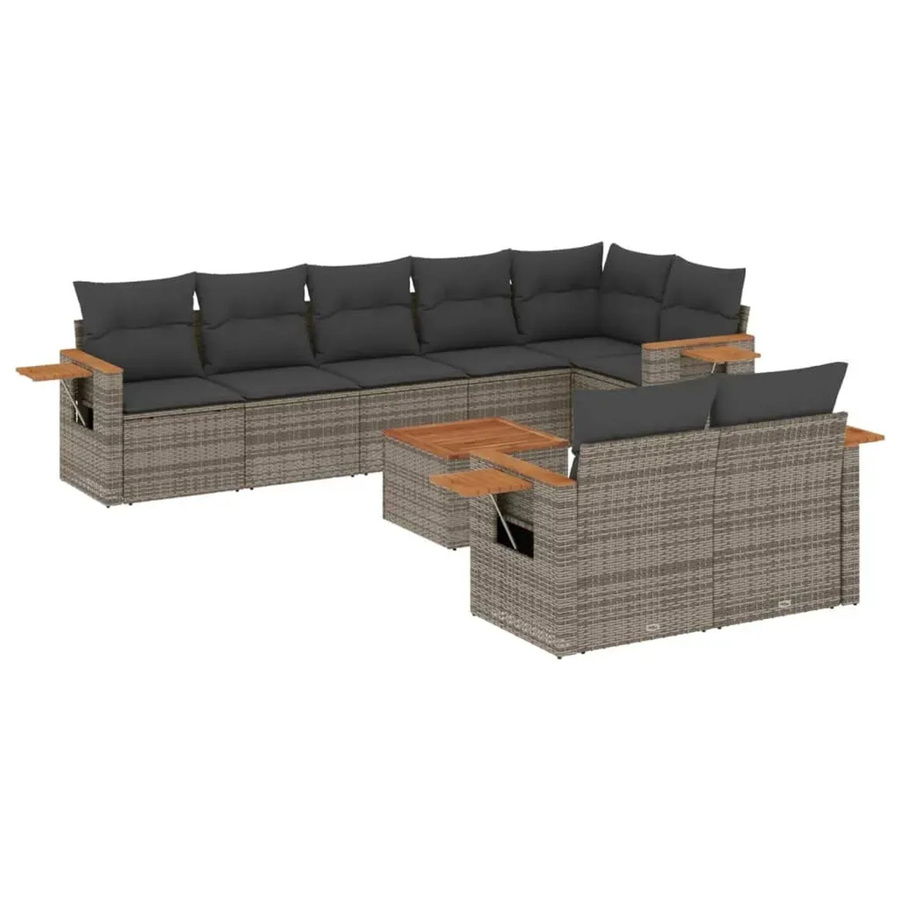 vidaXL 9-teilige Garten-Sofagarnitur aus Poly-Rattan und Akazienholz in Grau mit Kissen - Bild 2