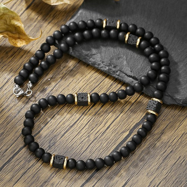 INGCHAU Halskette, Vintage, Schwarz, Perle, Lava Stein, Herren - Bild 1