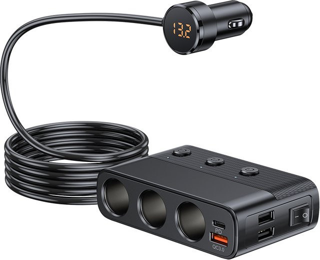 BIEPU Autoladegerät mit 3 Steckdosen und 3 Schaltern, 128 W Zigarettenanzünder-Splitter in Schwarz mit Schnellladung 3.0, PD und 2 USB Anschlüssen für 12 V/24 V - Bild 1