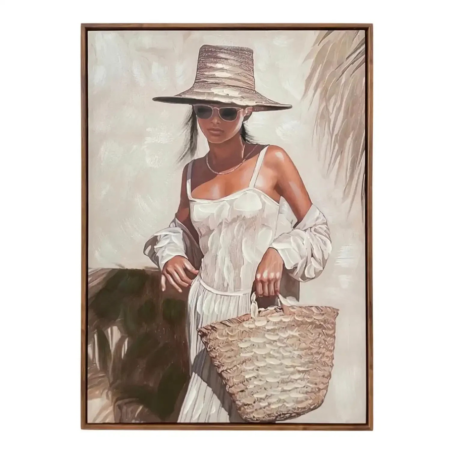 Mansion atmosphere Canvas-Gemälde Michele – Frau mit Hut in Beige und Sand, Boho-Stil, Breite: 50 cm, Höhe: 70 cm - Bild 1