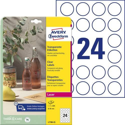 Avery Zweckform L7780-25 Polyester-Etiketten Transparent Rund Ø 40 mm Permanent haftend für Laserdrucker 600 Stück - Bild 1