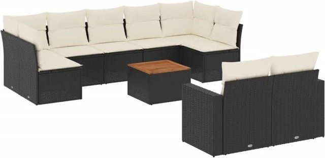 vidaXL 10-tlg. Garten-Sofagarnitur in L-Form aus Polyrattan mit Kissen und Couchtisch, Schwarz und Creme - Bild 1