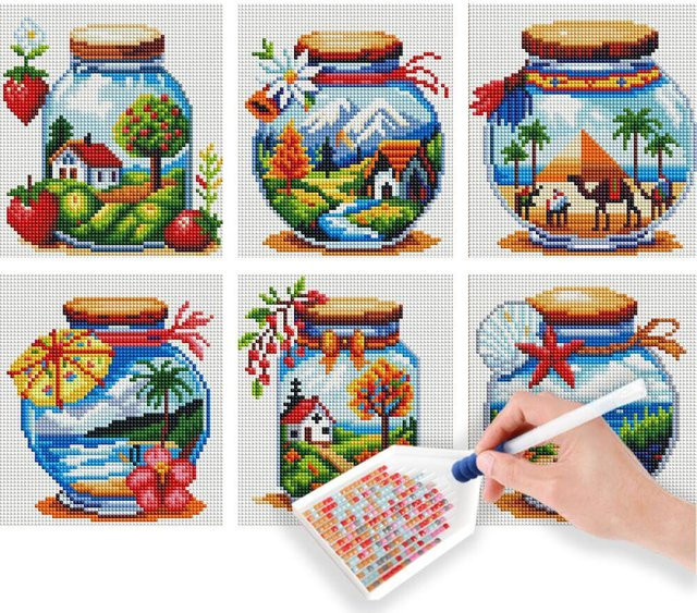 HUACAN 6-teiliges Mini-Diamant-Mosaik-Set Landschaft Meer in Multicolor, runde Wanddekoration zum Basteln - Bild 1