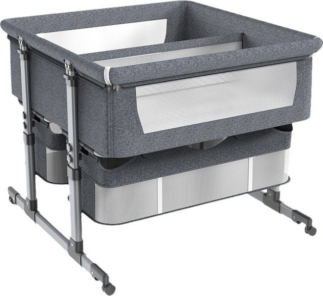 Pakey Zwillings-Kinderbett als Beistellbett und Wiege für Neugeborene, höhenverstellbar mit Drop-Side und Seitentaschen, Beige oder Grau - Bild 1