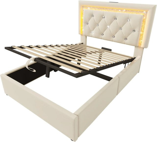 okwish Polsterbett Beige mit LED-Unterbettbeleuchtung, USB Type C und integrierter Leselampe, B/T/H: 90 x 200 x 101 cm - Bild 1