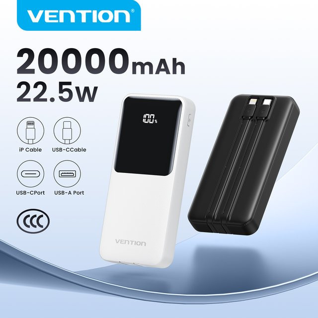 Vention Powerbank 20000mAh mit 22,5W Schnellladefunktion und integrierten USB-C und Lightning Kabeln in Schwarz - Bild 1