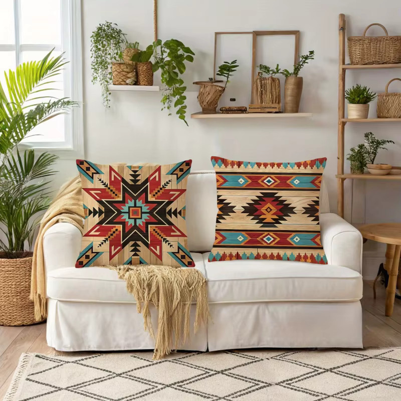 VIKAMA 4-teiliges Set dekorative Kissenbezüge im Bohemian Southern Aztec Navajo Design, petrol und mehrfarbig, quadratisch, B/T/H: 45 x 45 x 45 cm - Bild 2