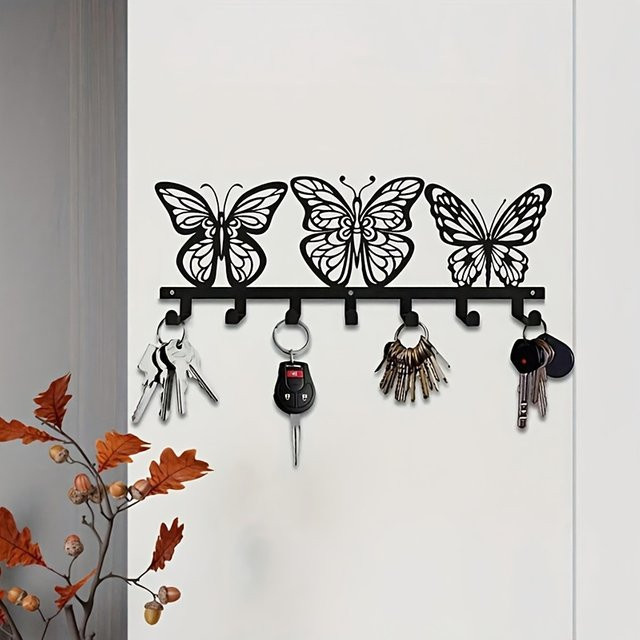 CIFBUY Schlüsselhalter Schmetterling aus Metall in Schwarz mit 7 Haken zur Wandmontage - Bild 1