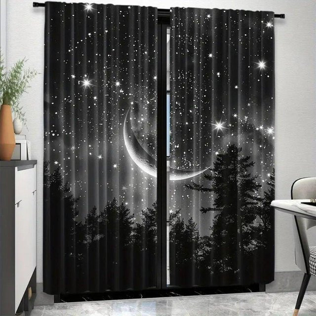 2er-Set halbtransparente Vorhänge mit Sternen, Nacht, Wald und Mond-Aufdruck aus Polyester in Schwarz, Breite: 50 cm, Höhe: 160 cm - Bild 1
