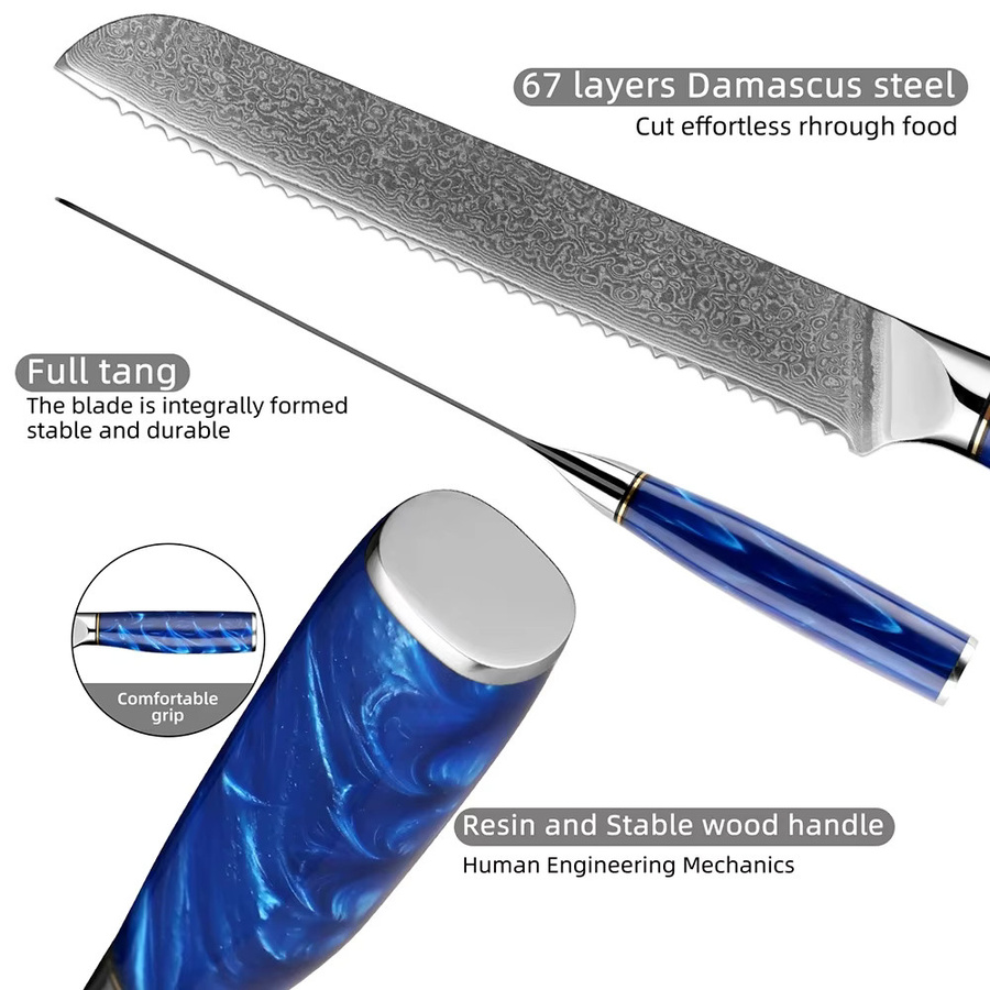 Xituo Brotmesser aus 67-lagigem Damaststahl mit blauem Harzgriff, Länge: 20,3 cm - Bild 4