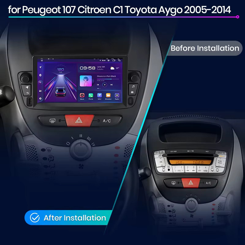 Junsun 7 Zoll Kabelloses CarPlay und Android Auto Autoradio für Peugeot 107 Toyota Aygo Citroen C1, Multimedia Stereo-Videoplayer mit IPS Touchscreen in Schwarz - Bild 3